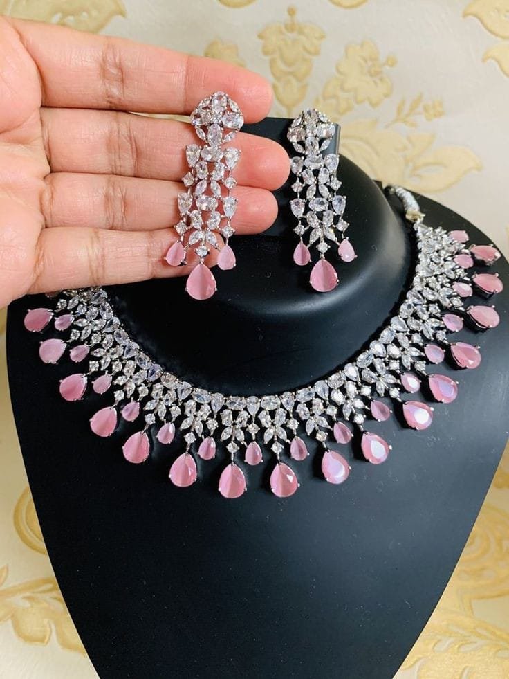 Pink Bridal Necklace Earrings Jewellery Set
